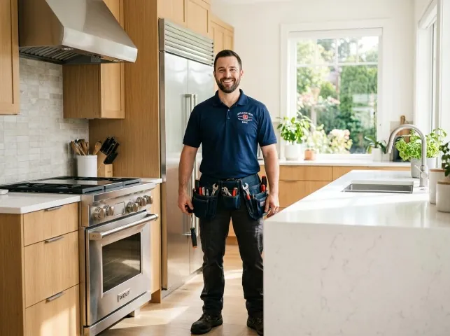 Appliance Repair Hero technician in a Attleboro Falls, MA kitchen after an appliance repair