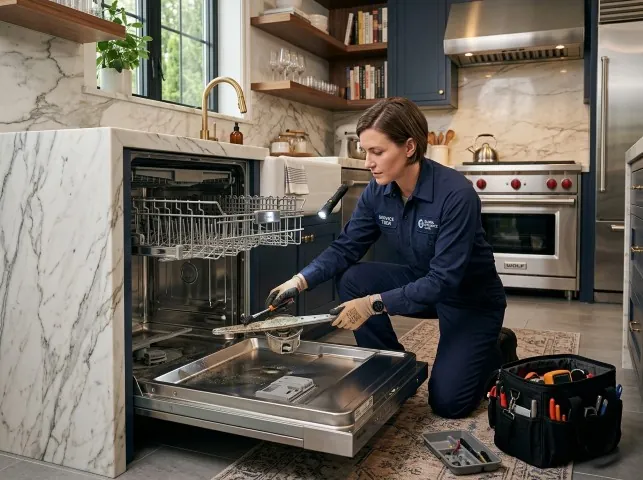 Appliance Repair Hero technician servicing a built-in dishwasher in a Attleboro Falls, MA kitchen