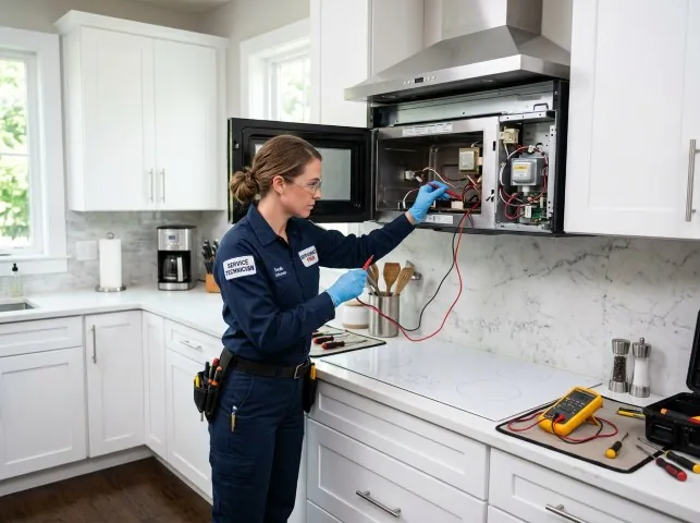 Appliance Repair Hero technician testing an over-the-range microwave in a Attleboro Falls, MA kitchen
